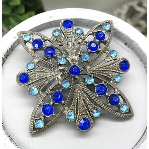 Vintage Art Deco Style Brooch With Royal Blue and Light Blue Rhinestones In Pewt